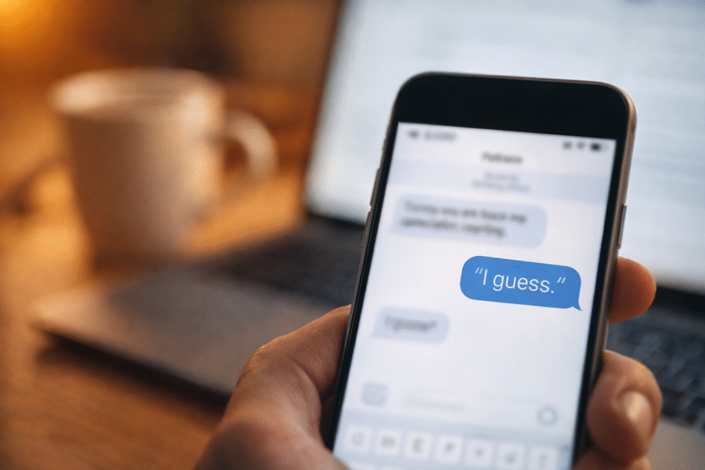Close up of a smartphone displaying the text “I guess” with a laptop and coffee cup blurred in the background representing a real client communication moment in Ryan Weckerly’s business life.