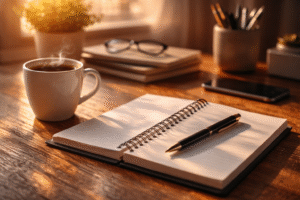 Open notebook and coffee in warm morning light on a wooden desk symbolizing reflection, renewed inspiration, and rediscovering joy in work by Ryan Weckerly.