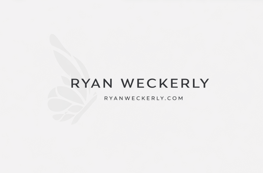 Ryan Weckerly logo with butterfly mark and website address ryanweckerly.com on light background