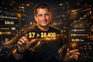 Ryan Weckerly interacting with a digital marketing dashboard showing cost per conversion improvement from $7 to $8,400 annual efficiency gain.