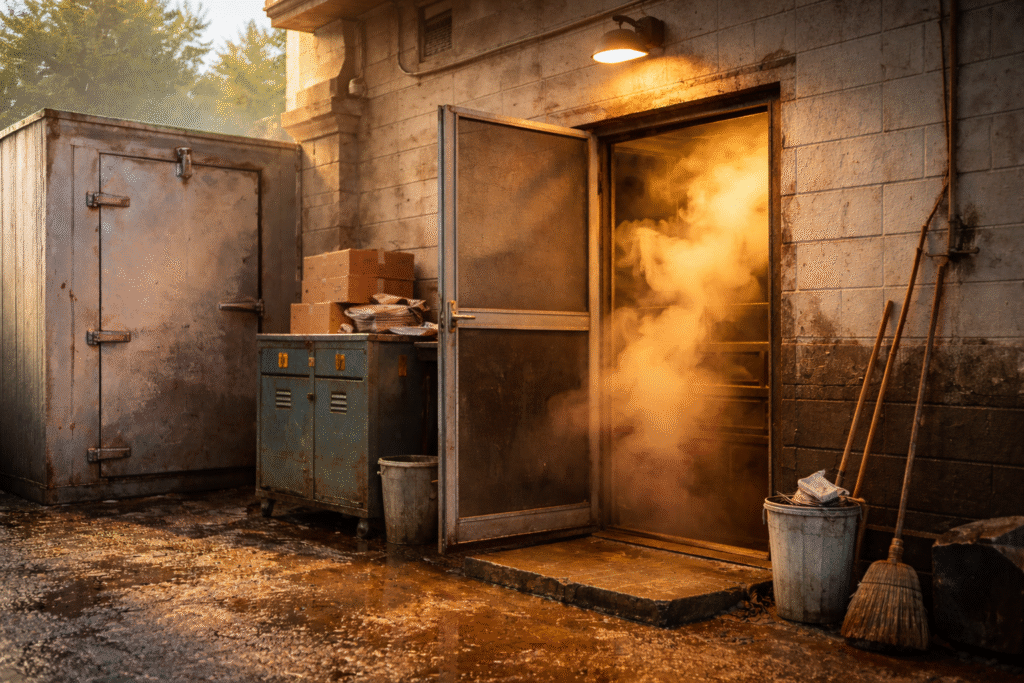 Early morning sunlight hitting the back entrance of a diner, steam pouring through a metal screen door beside a walk in freezer.