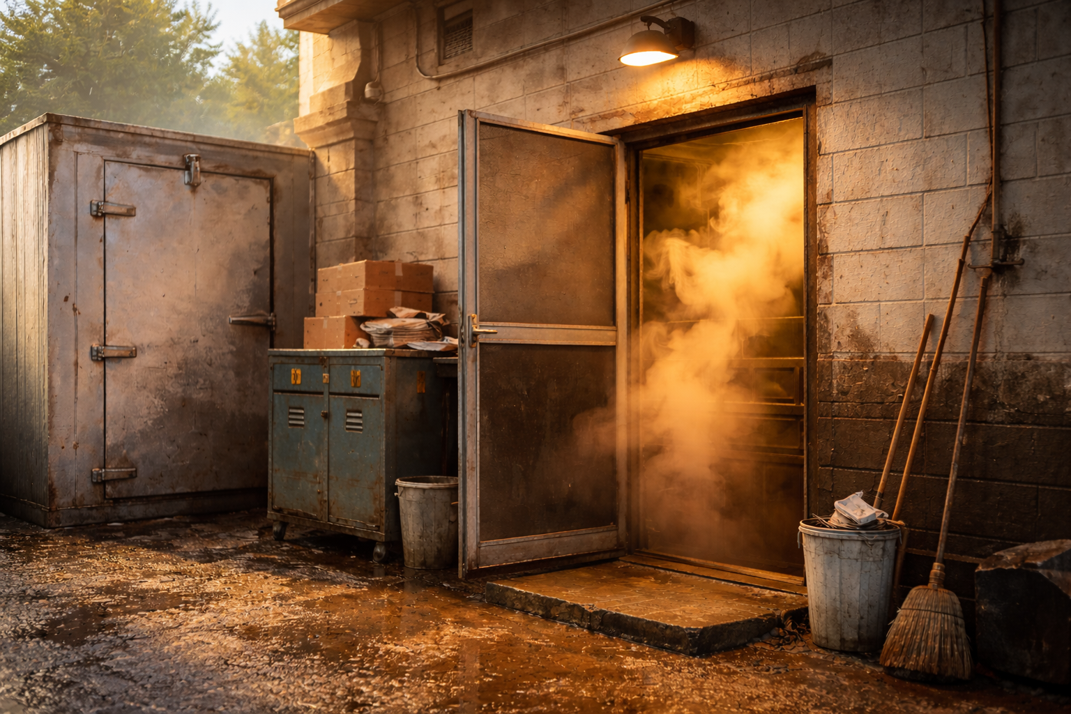 Early morning sunlight hitting the back entrance of a diner, steam pouring through a metal screen door beside a walk in freezer.