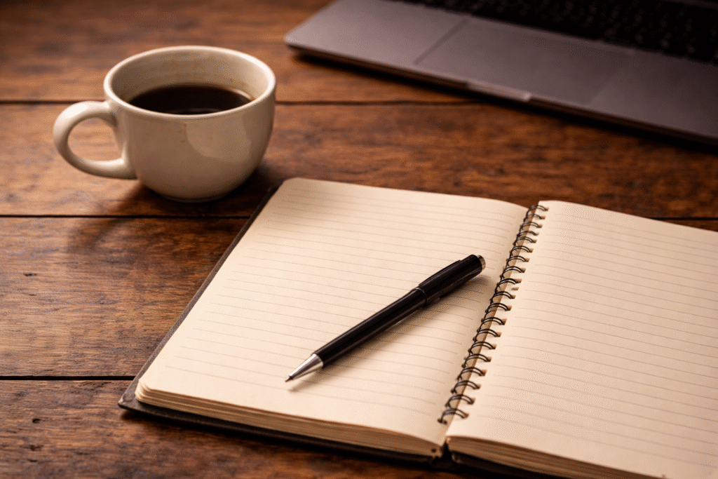 Open spiral notebook with blank pages and a pen beside a cup of coffee on a wooden table.