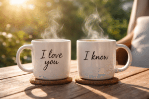 wo white coffee mugs outdoors in the morning sun, one reading “I love you” and the other “I know,” with steam rising above them.