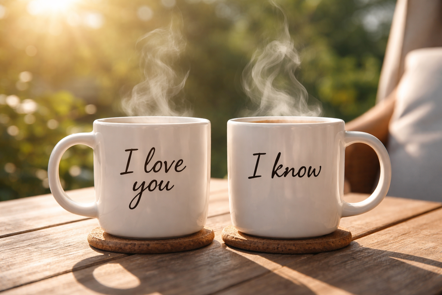 wo white coffee mugs outdoors in the morning sun, one reading “I love you” and the other “I know,” with steam rising above them.