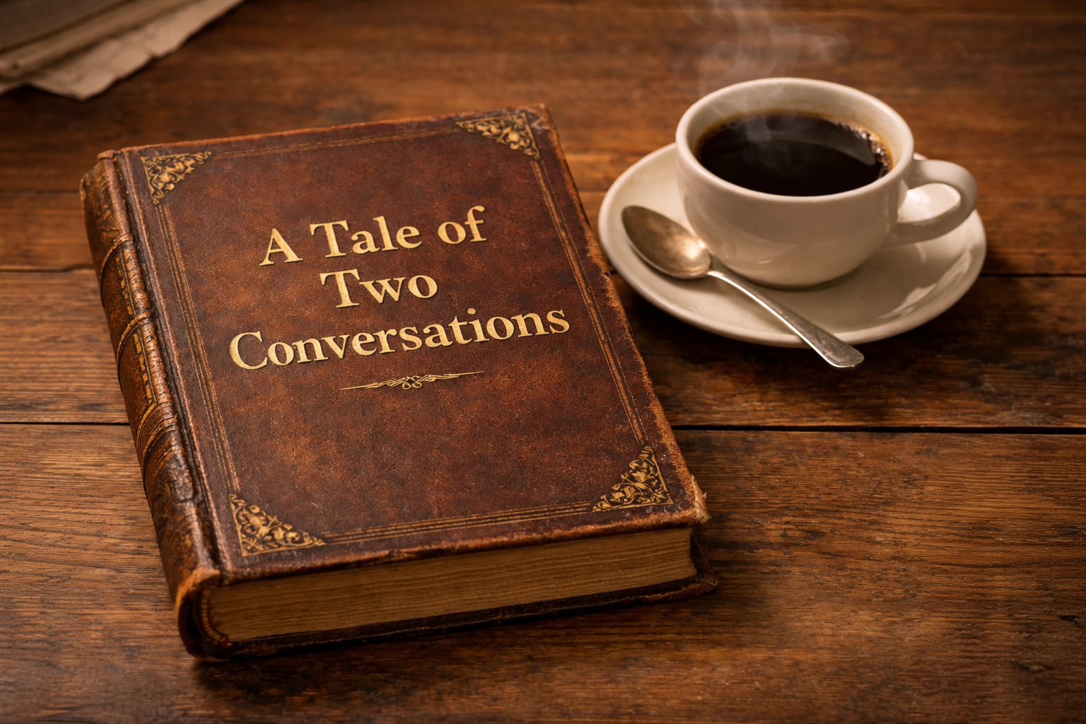 Vintage style book titled “A Tale of Two Conversations” resting on a wooden table beside a cup of coffee