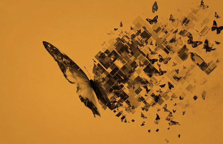 Abstract butterfly dissolving into digital pixels symbolizing digital transformation and growth
