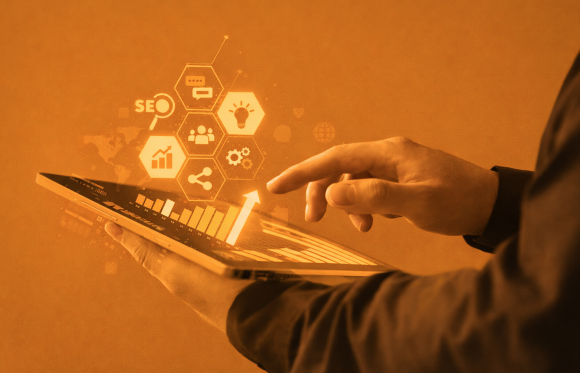 Person using a tablet showing digital marketing analytics and SEO icons symbolizing digital transformation and campaign performance