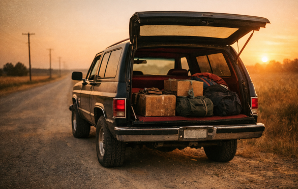 1985 Chevy Blazer packed with belongings on a rural road at sunset, reflecting nostalgia and moving into a new chapter