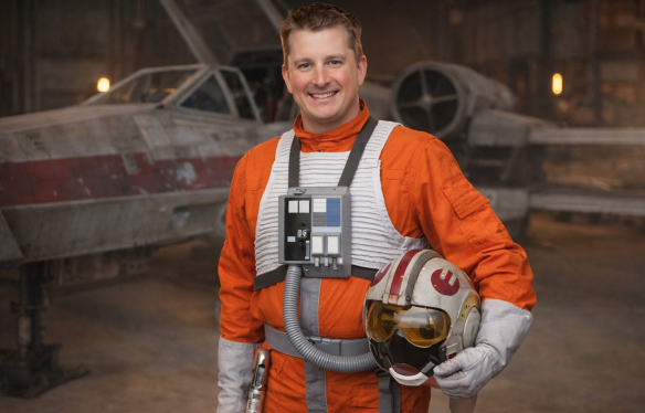 Man dressed as a Star Wars pilot standing in front of an X-wing, representing creativity and fun in work