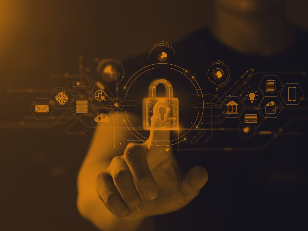 digital strategy and cybersecurity concept with glowing lock and connected systems