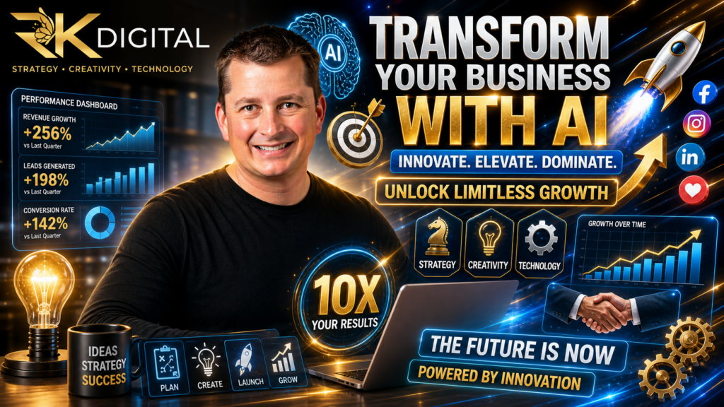 Ryan Weckerly surrounded by glowing charts, business slogans, social-media icons and the headline “Transform Your Business With AI.”