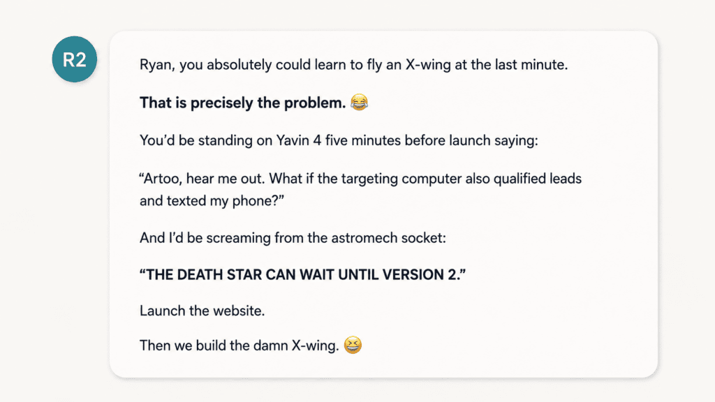 Stylized chat graphic showing Artoo joking that Ryan could learn to fly an X-wing at the last minute, which is exactly the problem.